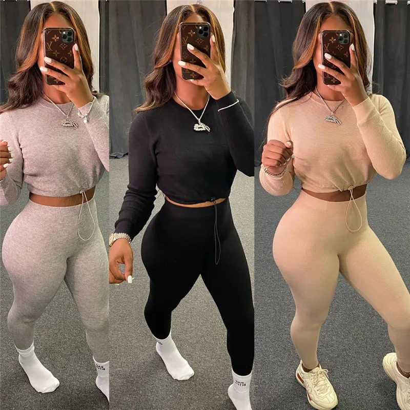 

Two Piece Suit Women Casual Clothes Solid Color Drawstring Long-sleeve Crop Top High Waist Tight Trousers Two Piece Outfits Set