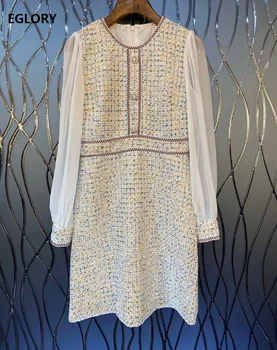 

High Quality Wool Dress 2019 Autumn Winter Style Women O-Neck Beading Button Long Sleeve Warm Wool Blend Dress White Black