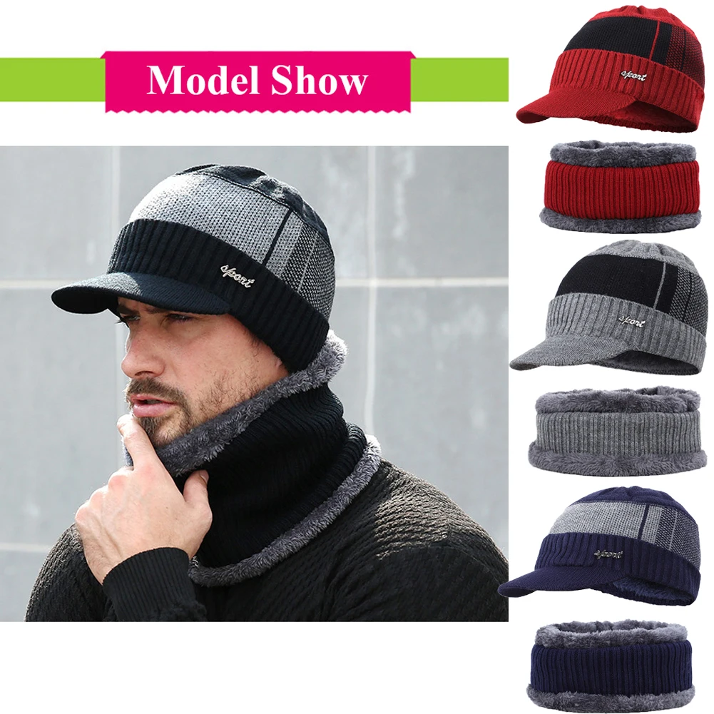 2 шт Новая мода Мужская Уличная зимняя шапка и шарф набор теплая вязаная шапка с шарфом черный серый синий красный