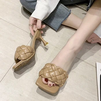 

Thin High Heels Casual Shoes 2020 New Summer Sexy Ladies Shoes Woman Slides Mules Plus Size Solid Cross Tie Slippers Women Shoes
