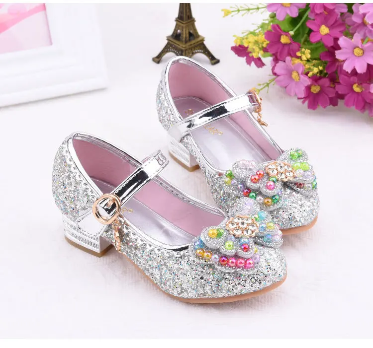 Children Princess Leather Shoes student dance shoes Girls High Heel Sandals Dress Kids Leather Glitter Crystal Shoes Banquet
