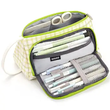 

Large Capacity Pencil Makeup Case Box Simple Lattice Color Canvas Stationery Bag Easy to Clean Soft to Handle Firm Durable