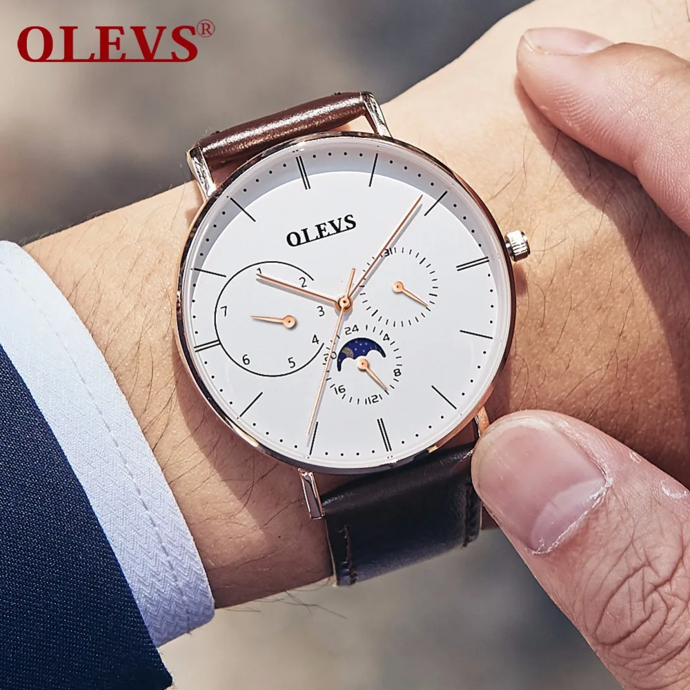 

OLEVS Luxury Watch Men Leather Strap Multi-functional Waterproof Sports Quartz Wrist Watch Mens Fashion Business Male Clock