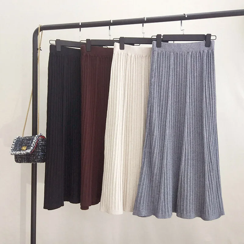 

2019 Autumn Women Knitted Long Skirt Winter Warm Sweater Stripe A-line Maxi Skirts Knit Female Bottoms Casual Swing Skirts