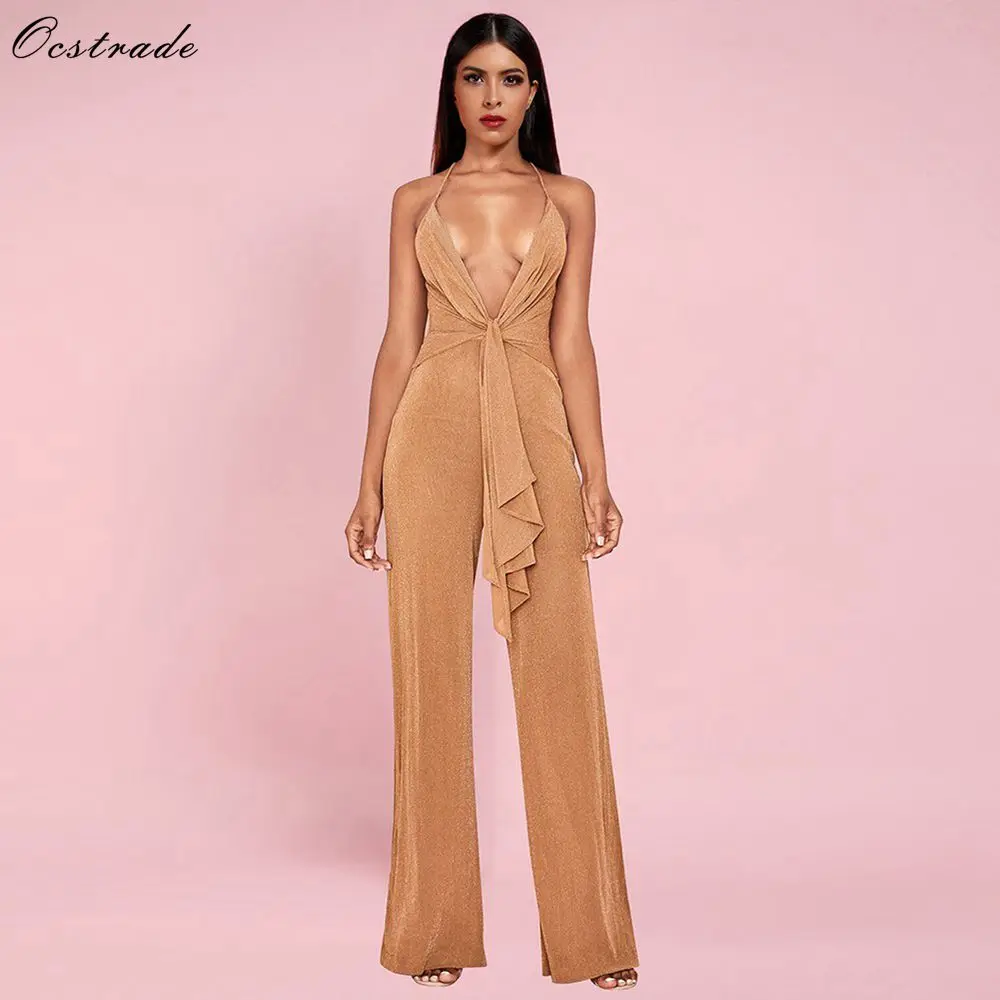 

New Arrival 2019 Women Tan Lurex Drape Front Sexy Bodycon Jumpsuit