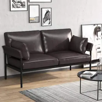 

Simple Fashion Faux Leather Sofa Living Room Loveseat Leather Couch Dark Brown Modern Sofa SKU64229907