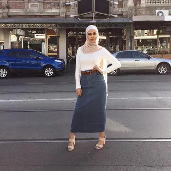 

WEPBEL Straight High Waist Zipper Solid Color Denim Skirt Muslim New Summer Spring Ladies Skirt