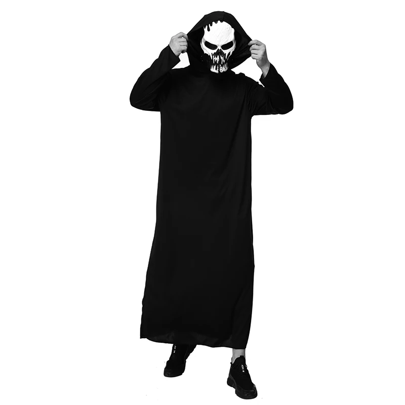 Ghost Face Hooded Gown Costume Adult Scary Demon Skeleton Costume Unisex Halloween Death Cosplay Black Robe With Mask