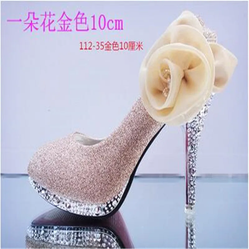 1 flower gold 10cm Г. Новая модная женская обувь Серебряная Свадебная обувь тонкие туфли на шпильке с круглым носком, украшенные кристаллами и цветами - Цвет: 1 flower gold 10cm