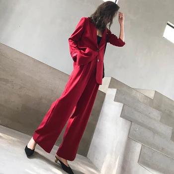 

Pant Suit Women's Autumn New Temperament Slim-Fit Red Suit Wide-Leg Pants Trendy Two-Piece Set