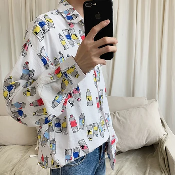 

2019 Autumn New Korean Personality Men's Agua Tea Printing Cola Long Sleeve Literary Harajuku Casual Shirt
