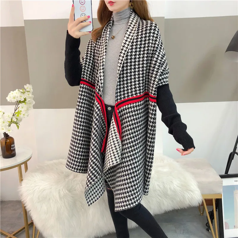 

New Knitted Wool Temperament Cardigan Women 2021 Thousand Bird Grid Stripes Shawl Poncho Cape Irregular Cloak Korean Version