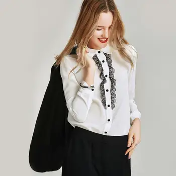 

HAVVA Spring Women’s Lace Diamond Patchwork Square Collar Single-Breasted Female White 100% Polyester Shirt Blouse C4257