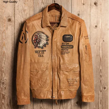 

Men's American A2 flight jacket embroidery pattern pilot genuine leather jacket men yellow brown aviator leather coat male