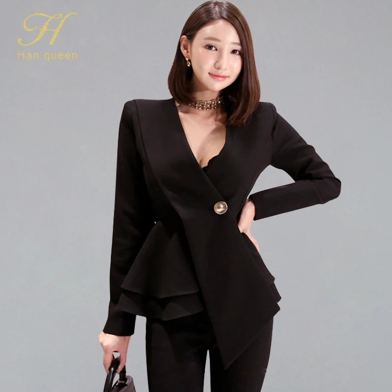 

H Han Queen New 2 Pieces Set Women 2019 Autumn Elegant V-neck Ruffles Blouses & Black Long Pants OL Office Wear Formal Work Set