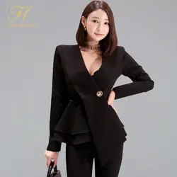 H Han queen новый комплект из 2 предметов для женщин 2019 осень элегантный v-образный вырез оборки блузки и черные длинные штаны офисная одежда ol