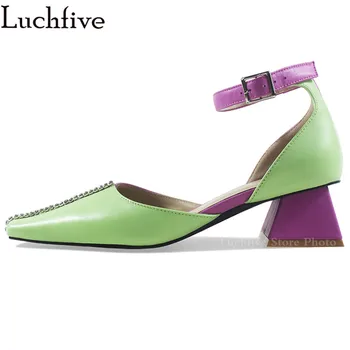

Crystal Square Toe Women Sandals Genuine Leather Patchwork Shoes Woman Ankle Wrap Chunky Heels Green Ladies Shoes