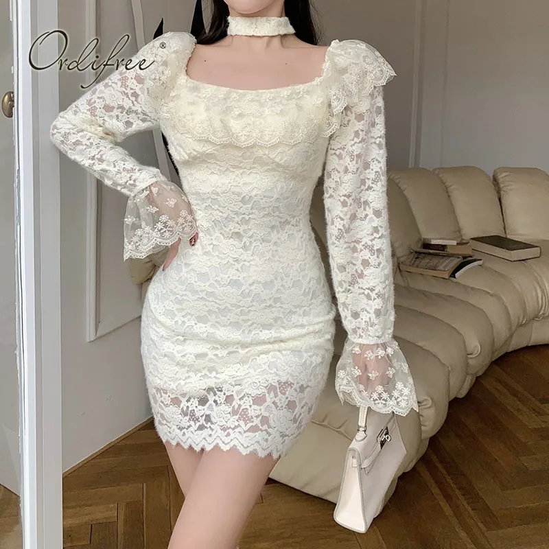 

Ordifree 2023 Spring Autumn Women Lace Party Dress Long Sleeve Vintage Off Shoulder Ruffle Sexy Bodycon Mini Dress