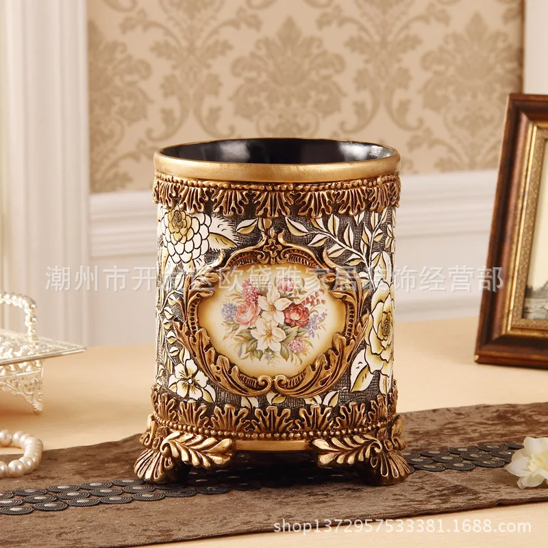 

European Living Room Coverless Rubbish bin Fashion Creative Household Large Luxury Retro Round Pastoral Basket Resin