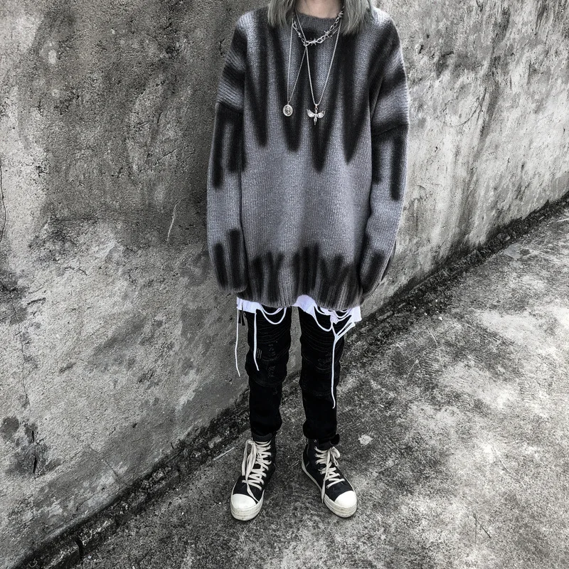 Марка New Fashion Hi Street свитер Для мужчин объемный пуловер в стиле хип-хоп Уличная свитера Для мужчин s Ретро О-образный вырез трикотаж свободные Серые Хлопковые полосатые мужские