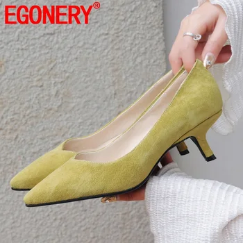 

EGONERY leather wedding shoes High quality brand mustard yellow black high heels pumps fashion summer spring woman praty pumps