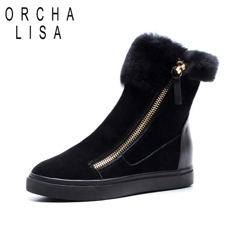 

ORCHA LISA Real cow suede Snow Boots Warm fur round toe side zipper ankle boots Falt heels Winter shoes Pink Black botas mujer