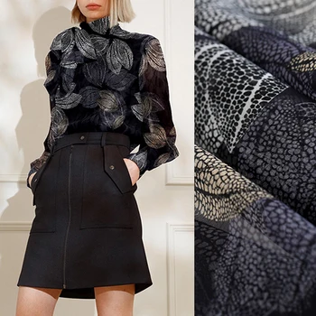

136CM Wide 8MM Leaves Print Thin Black Silk Georgette Fabric for Summer Dress Jacket Pants E1275