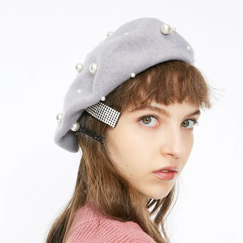 Liam Wool Winter Berets for Women Luxury Pearls Rivet Vogue Female Warm Hats Vintage Girls Flat Cap