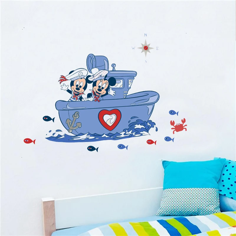 Cartoon Disney Mickey Minnie Mouse On The Boat Wall Stickers For Kids Rooms Home Decor Wall Art Decals PVC Mural DIY Poster