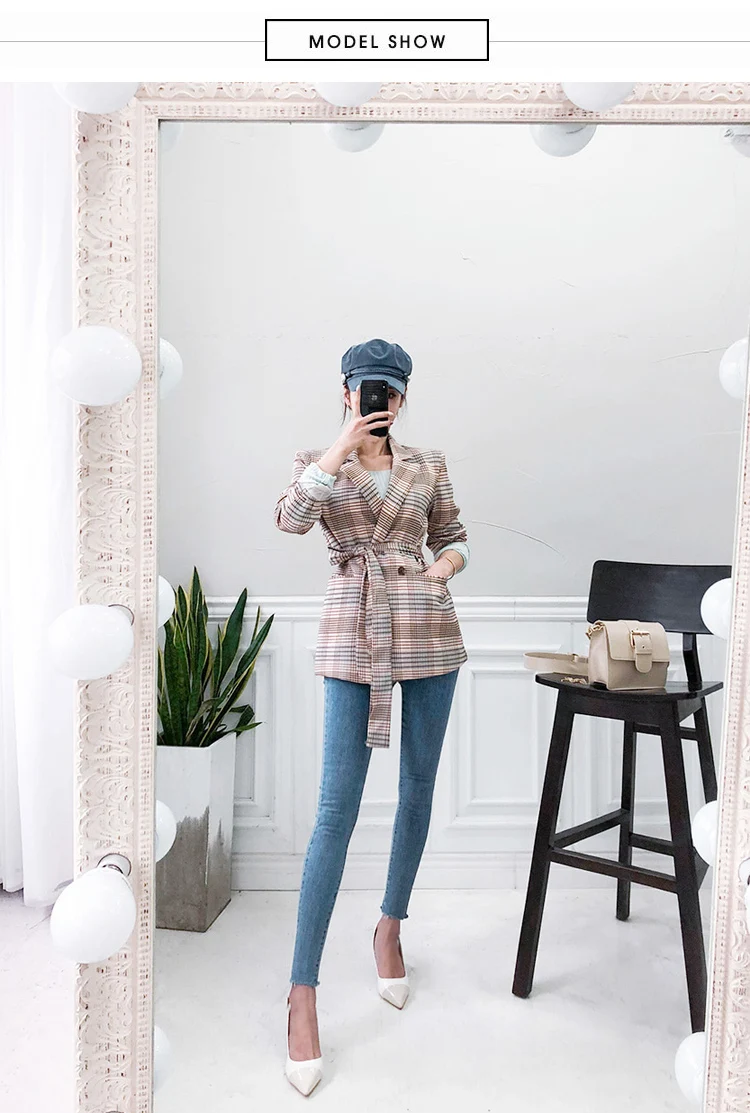 Vogue High Street клетчатый женский костюм куртки двубортный с поясом формальный Блейзер клетчатый узор офисный костюм для дам пальто M19082305