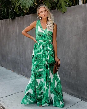 

2019 Europe And America WOMEN'S Dress Sleeveless V-neck Vest High-waisted Printed Big Hemline One Piece Long Skirts