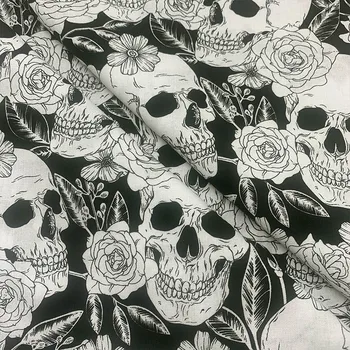 

Cool 100% Cotton Fabric Black/White Bottom Skull Rose Pattern Digital Print Sewing Material DIY Home Patchwork Dress Clothing