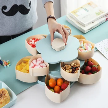 

Flower Shape Rotating Lid Candy Box Rotary Switch Storage Plate Home Snacks Partition Organizer Box Party Wedding Candy Tray