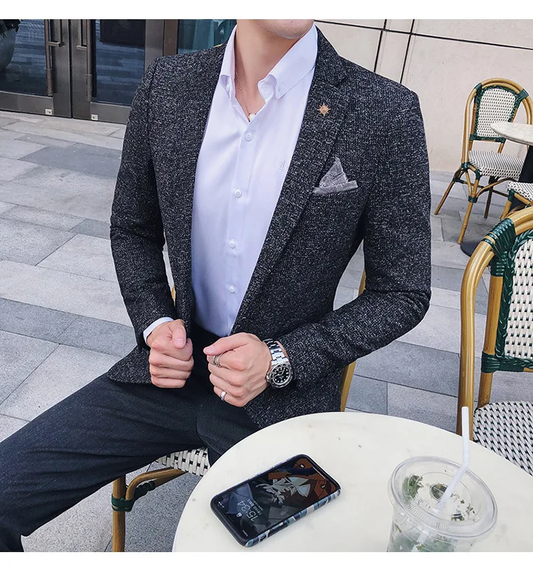 Мужской твидовый Блейзер Осень зима блейзер masculino slim fit повседневные мужские спортивные пиджаки hombre invierno ho Мужской Блейзер черный синий коричневый