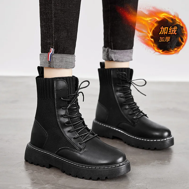

2019 New Style Versatile Women's Boots British Style Autumn Trend Elasticity Socks Boots plus Velvet Warm Leather Boot Martin Bo