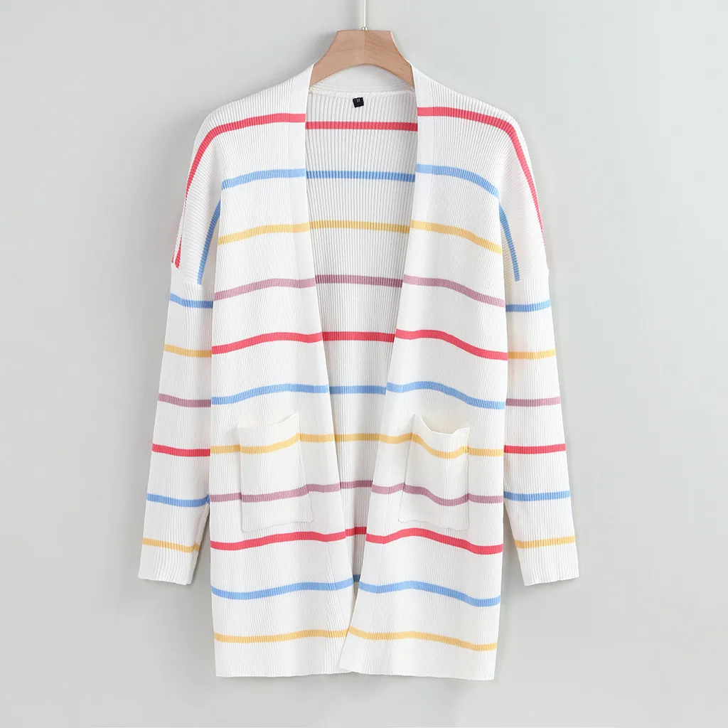 

Autumn Sweater Women Long Sleeve Patchwork Knitted Open Front Rainbow Striped Cardigan Women Coat sueter mujer invierno 9.23