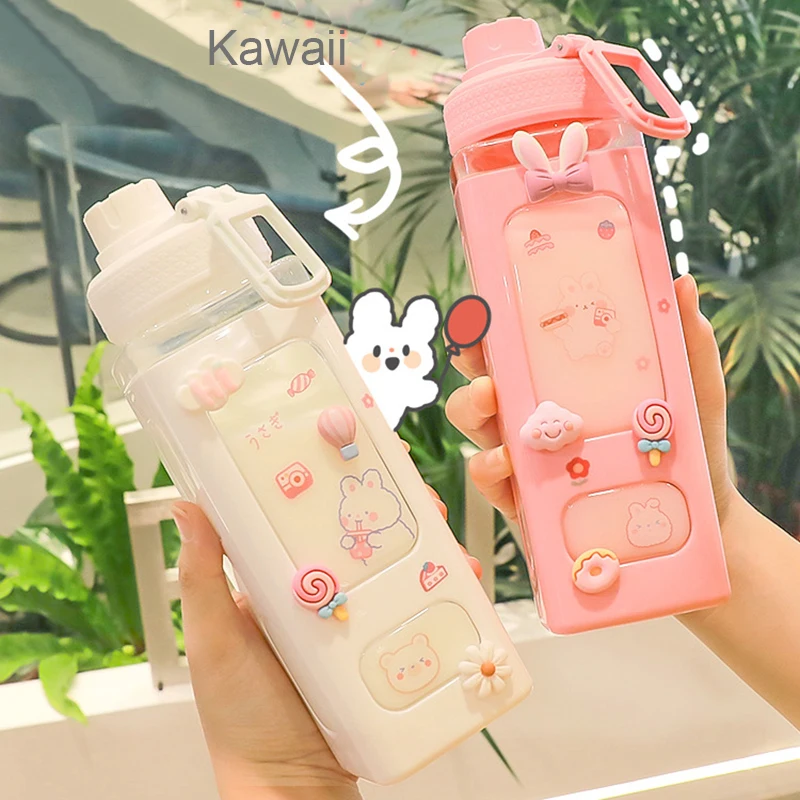 Bouteille d'eau carrée en plastique de 500ml, avec ours, avec paille,  Kawaii, gobelets de voyage