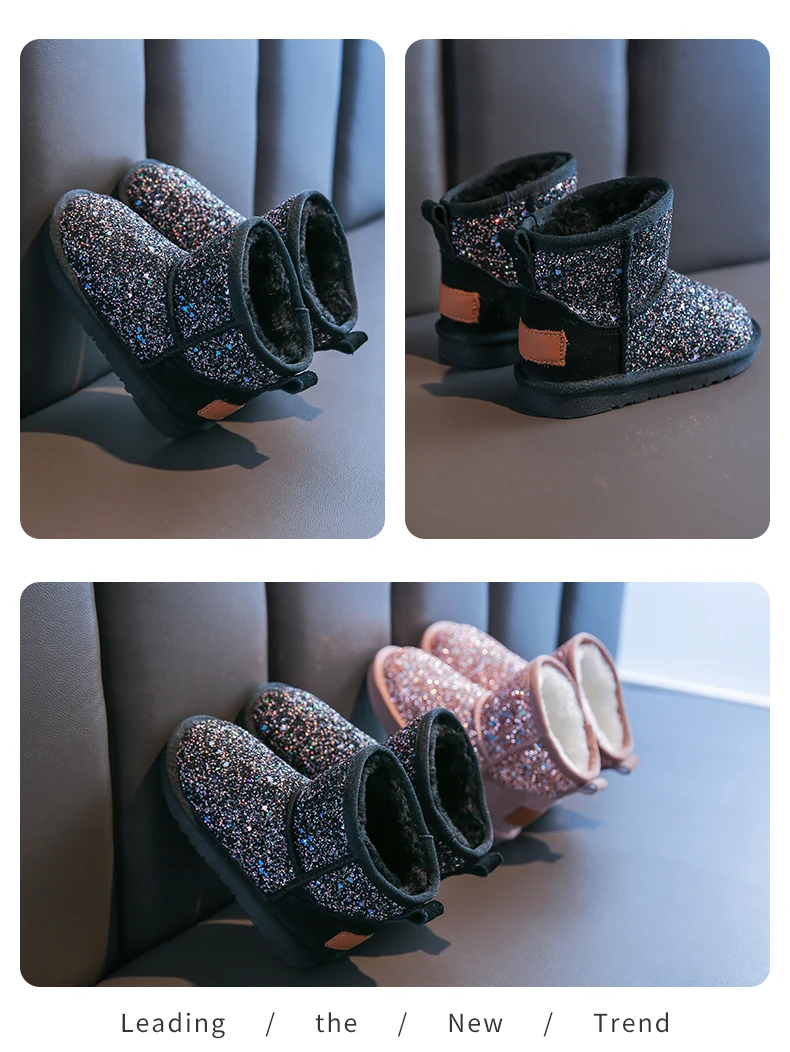 Детские ботинки; коллекция года; детские зимние ботинки; модная обувь на меху с блестками для маленьких девочек; детские мягкие теплые полусапожки розового цвета