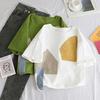 

Fashion Print Women Tshirt Spring Summer New Style Short Sleeve Cotton Spandex Women T-shirt Casual Loose Women Tops