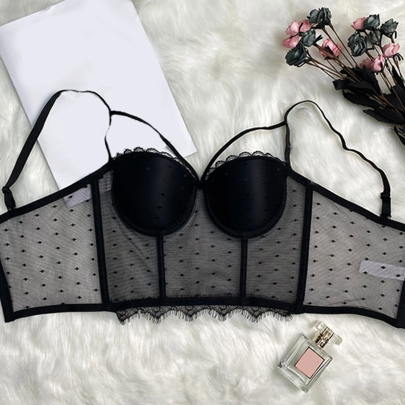 pink camisole Women Sexy Spaghetti Strap Bustier Bra Sheer Polka Dot Mesh Eyelash Lace Trim Camisole Vest Club Party Boned Corset Tops cream camisole