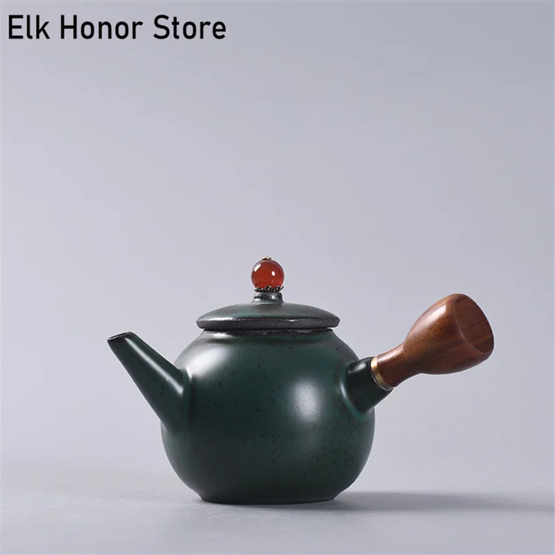 240ml Retro Balck Coarse Ceramic Teapot Handmade Japanese Style Wood