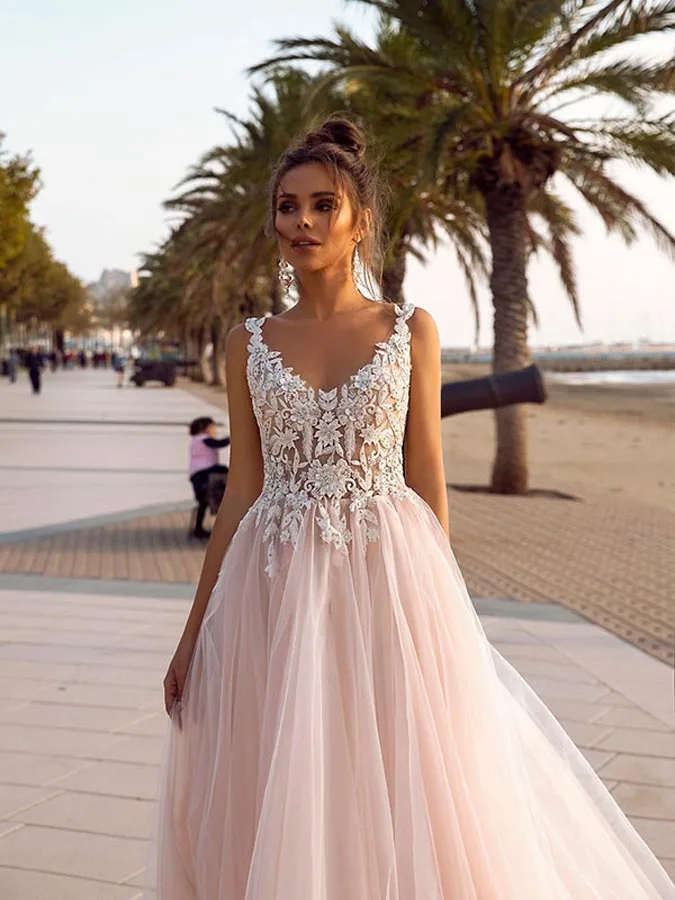IvoryBlush V neck Appliques Lace Tulle Backless Beach Wedding Dresses 2020 Bridal Wedding Gown Vestido De Novias свадебное платье (4)