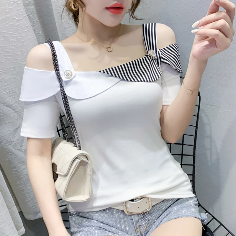 #5929 Summer Off Shoulder T-Shirts For Women Spliced Color Slash Neck Sexy T-shirt Femme Short Sleeved Basic T Shirt Woman Short