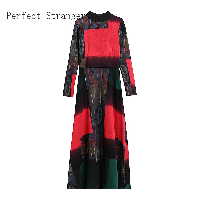 2020 Autumn Winter New Arrival High Quality Plus Size M-3XL Stand Collar Thicken Brushed Color Block Women Long Dress