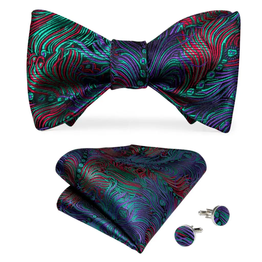 Men Butterfly Tie Blue Gold Green Red Self Bowtie For Men Silk Hanky Cufflink Suit Collar Removable Bowtie DiBanGu Designer - Цвет: LH-094