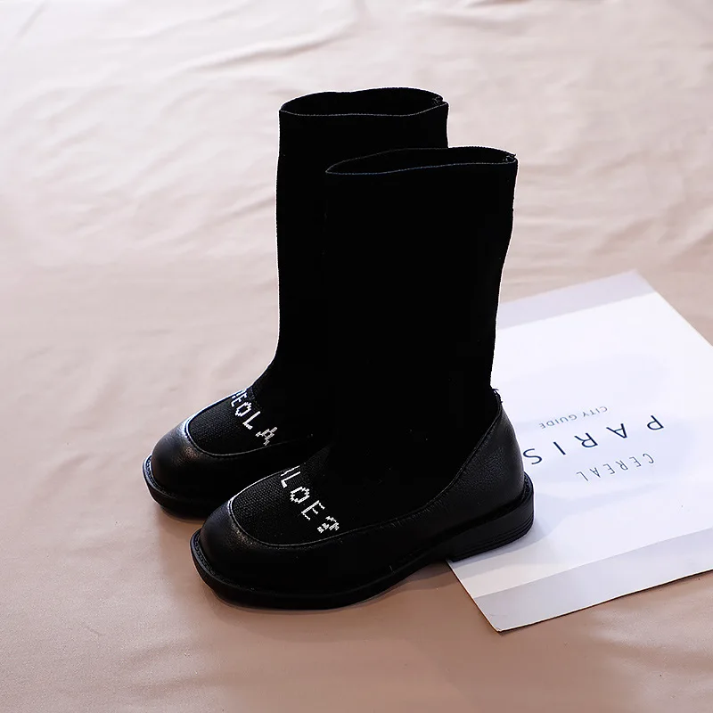 Новое Осеннее детское платье с рисунком из сапоги до колена для маленьких девочек сапоги "Принцесса" Детские слипоны носки обувь брендовые ботинки черного цвета модная обувь Мягкая обувь - Цвет: Черный