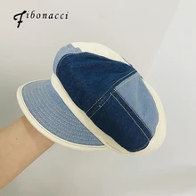 Fibonacci New Fashion Hats For Women Beret Spring Summer Octagonal Cap Denim Patchwork Retro Visor Artist Octagonal Hat Travel
