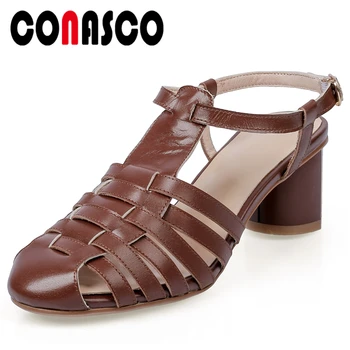 

CONASCO Women Sandals Summer Fashion Genuine Leather Cross-Tied Fretwork Women Pumps Casual High Heels Ankle Strap Shoes Woman