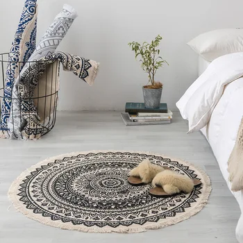 

Black Nordic Morocco Bedside Round Carpet Bohemia Ethnic Tassel Mandala Carpet Living Room Cotton Linen Big Rugs Modern Classic