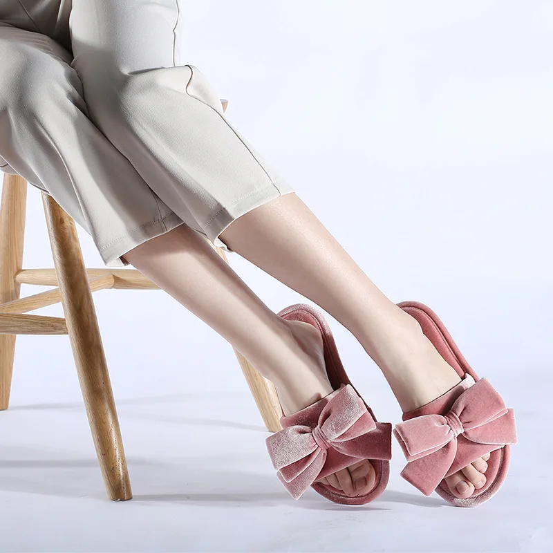 

Velvet Rubber Sole Bow Slipper Washing Household Flat Women's Casual Flip-flops Breathable Home Sandals